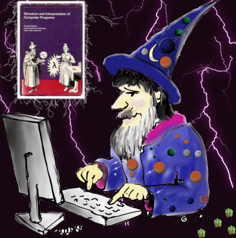 A wizard conjuring the spirits of the computer with his spells.